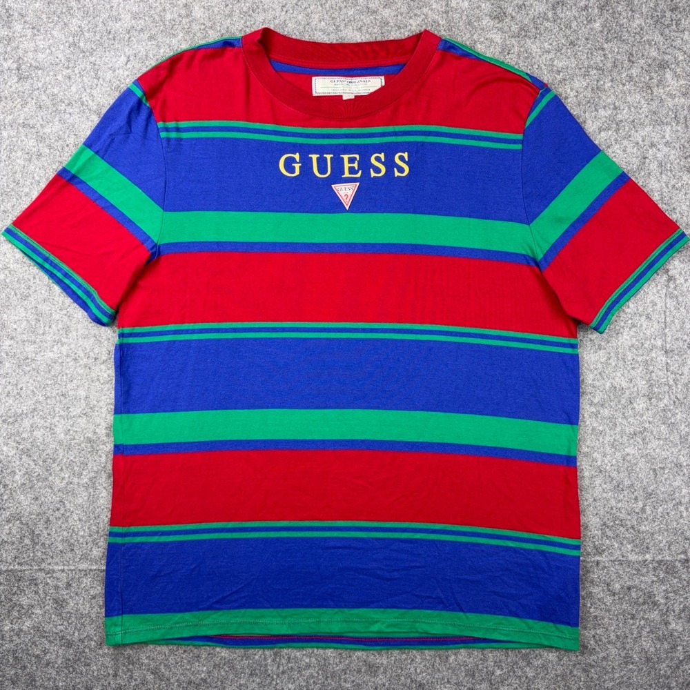 Guess T Shirt Mens Large Multi Color Striped Guess Originals Cotton 90s Hip Hop - Picture 2 of 12